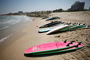 Beach Prints: Surfing boards are seen on the beach at the Mediterranean Sea during a summer camp