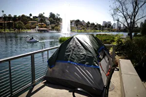 California Prints: A tent is seen next to Echo Park Lake in Los Angeles