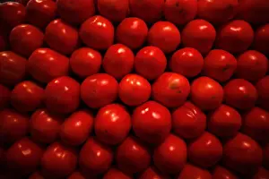 Tomatoes are displayed at a vegetable stall in La Merced market, downtown Mexico City
