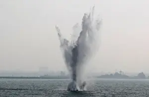 A training naval mine blasts during a military drill in Kaohsiungs Zuoying naval base