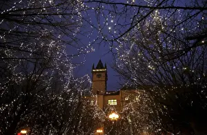 Trees are illuminated in front of The Old Town Hall tower as the traditional Christmas