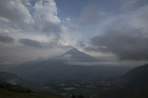 Ecuador Prints: The Tungurahua volcano spews smoke as pictured from the city of Huambalo, Ecuador