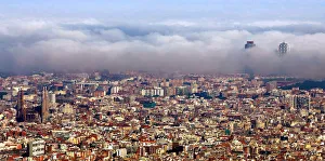 Unusual Barcelona City Coastline Fog