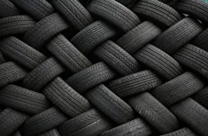 Used car tires form a pattern as they are seen stacked outside an automotive shop in East Dulwich