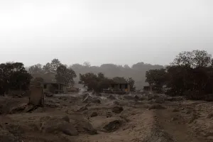 Guatemala Prints: A view of an area affected by the eruption of the Fuego volcano at El Rodeo in Escuintla