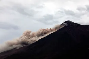 Guatemala Prints: View of a lahar from the crater of the Fuego volcano is seen from Alotenango