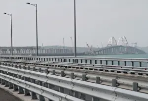 A view shows a bridge, which is constructed to connect the Russian mainland with