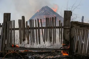 Prints of A view shows a summer housing estate fire near the Siberian town of Achinsk, Krasnoyarsk region, Russia, April 29, 2018. Picture taken April 29, 2018. REUTERS/Ilya Naymushin Russia Prints: A view shows a summer housing estate fire near the Siberian town of Achinsk