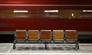 An empty waiting bench is seen as one of the last German railway Deutsche Bahn regional