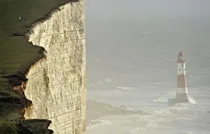 United Kingdom Prints: Walkers look out over Beachy Head lighthouse and heavy seas in the English Channel