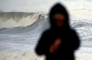Weather Prints: Waves break along Frances Atlantic coastline at sunset in Lacanau