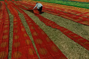 Indonesia Prints: A worker lays batik cloth out on the grass to dry in Solo